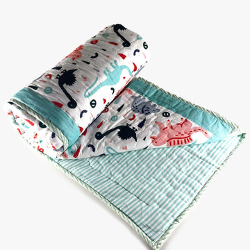 Dinosaur Double Sided Block Printed Cotton Quilt Single 40x60 Inches