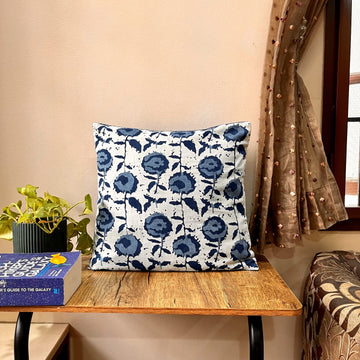 Blue Bloom Block Print Cotton Cushion Cover - 16 x 16 inches