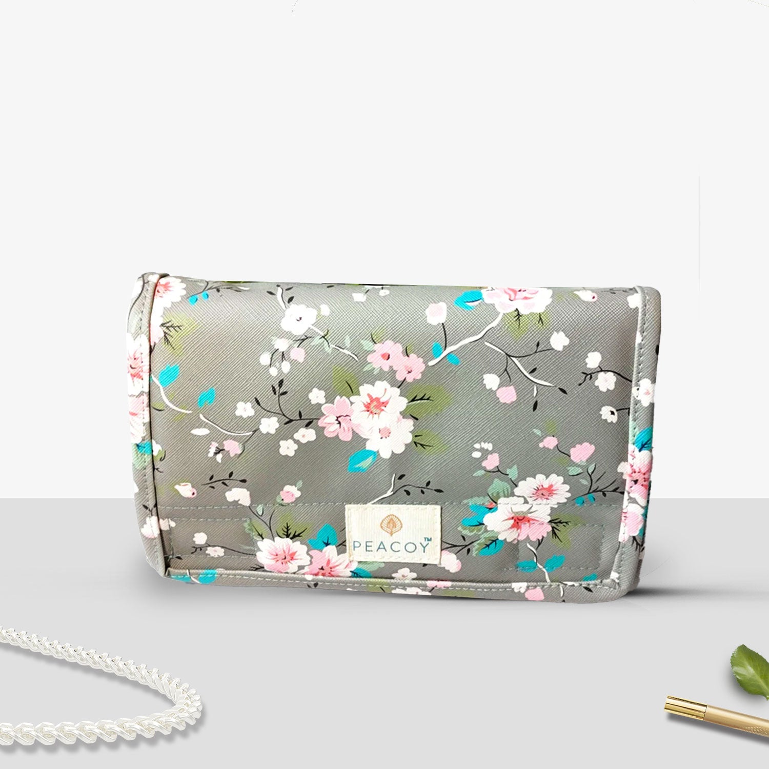 Travel Kits for Cosmetics and Essentials Toiletry Bag Grey Brown Flower Design pouch