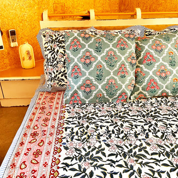 Black Floral Block Printed Cotton Double Bedsheet Set With 2 Pillow Covers - 108 inches x 108 inches