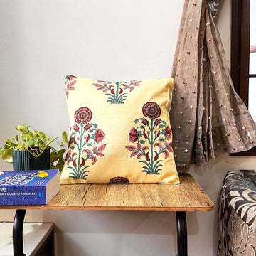 Block Printed Florals Cotton Cushion Cover - 16 x 16 inches