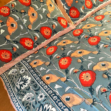 Grey Bloom Floral Block Printed Cotton Double Bedsheet Set With 2 Pillow Covers - 108 inches x 108 inches