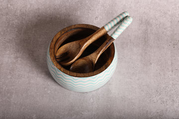 Gentle Waves Sea Green Mango Wood Salad Bowl with Server Set 500 g | Peacoy