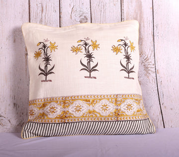 Sweet Floral Yellow Hand Block Printed 100% Slub Cotton Cushion Cover - 16 x 16 inches | Peacoy
