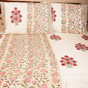 Lovely Red Florals Block Printed 100 % Cotton Double Bed Cover Set With 2 Pillow Covers - 100 inches x 108 inches