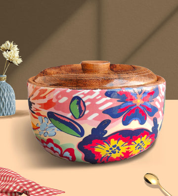 Abstract Floral Mango Wood Salad Bowl with Lid