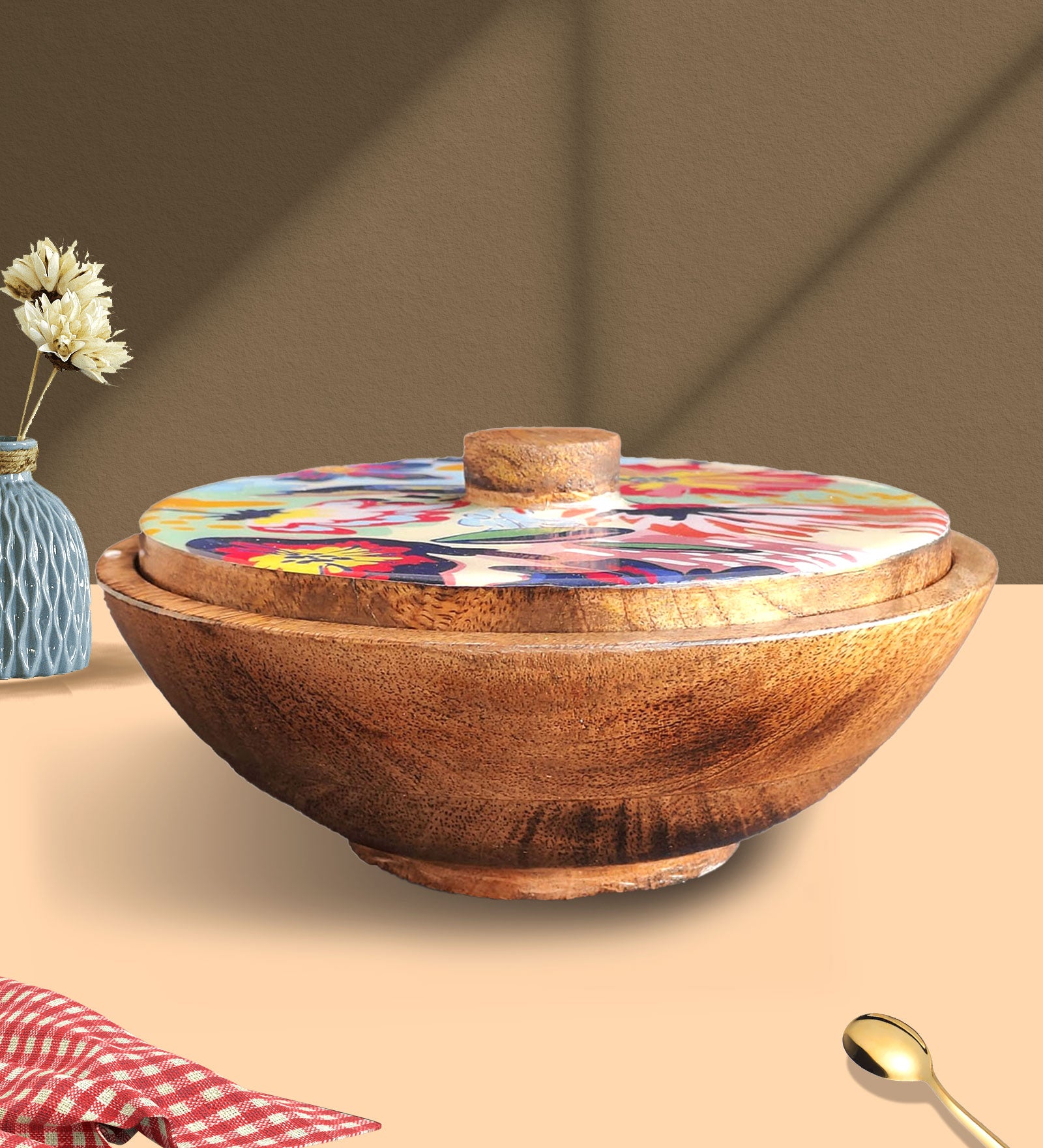 Handmade Carved Mango Wood Bowl With Lid Serving Bowls Salad Bowl