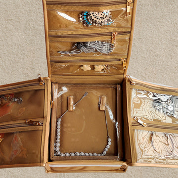 Golden Travel Jewellery Organiser, Jewelry Storage Bags for women for Earrings, Rings, Bracelet With 2 Transparent Pouches, 2 Compartments for Rings and Earrings and 8 Zipper compartments