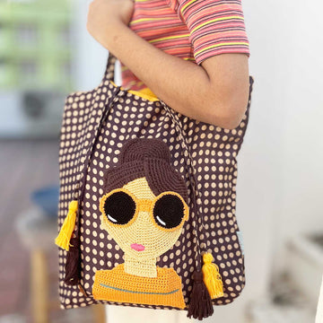 Brown Polka Dot Draw String Crochet Tote Bag