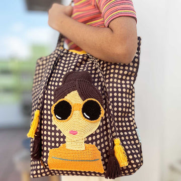 Brown Polka Dot Draw String Crochet Tote Bag