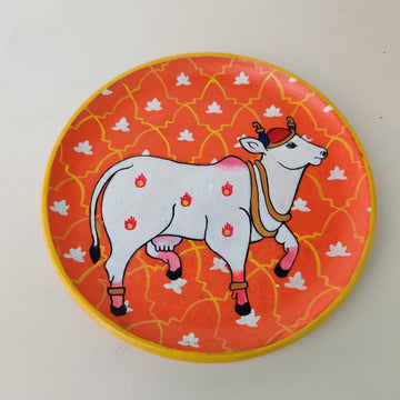 Orange & White Traditional Cow Hand-painted Wall Plate (Diameter - 10 inches)