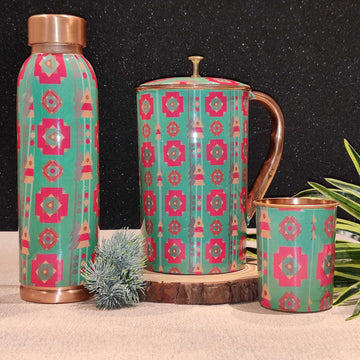 Nature Green & pink 100% Pure Copper Bottle, Jug & Glass Set
