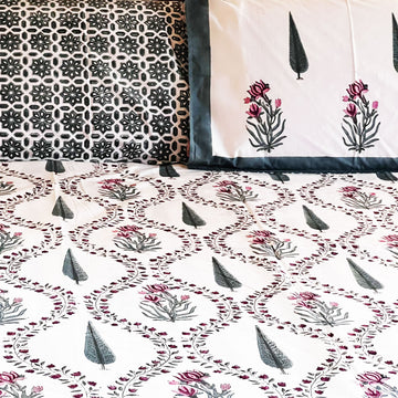 White Block Printed 210 Thread Count Cotton Double Bedsheet Set With 2 Pillow Covers - 108 inches x 108 inches