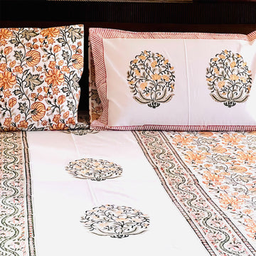 White Floral Block Printed 210 Thread Count Cotton Double Bedsheet Set With 2 Pillow Covers - 108 inches x 108 inches