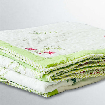 White & Green Soft Cotton Floral Printed Quilt - 90 inches x 100 inches
