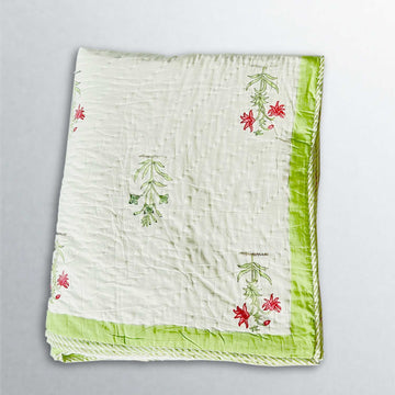 White & Green Soft Cotton Floral Printed Quilt - 90 inches x 100 inches