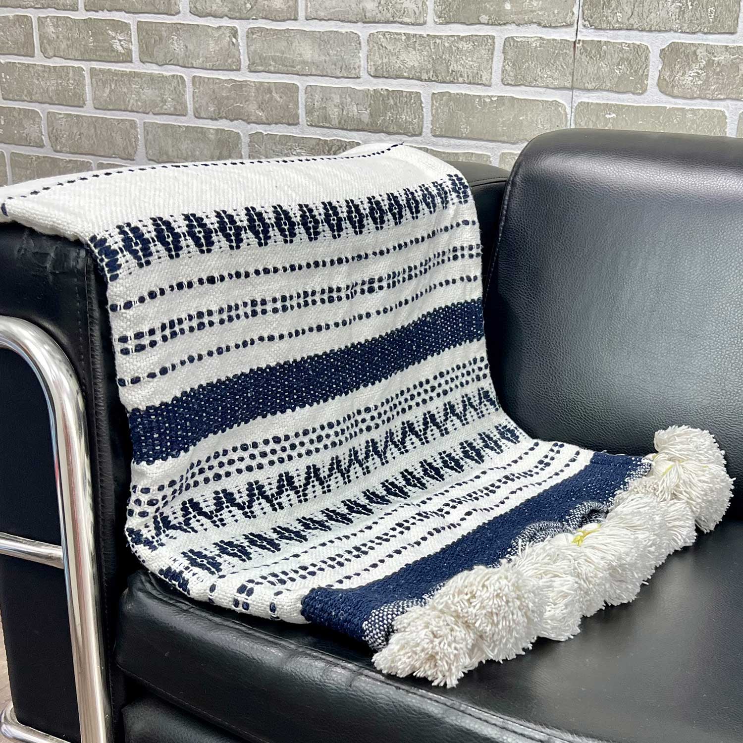 Navy Blue White Cotton Throw with Tassels 60 inches x 40 inches