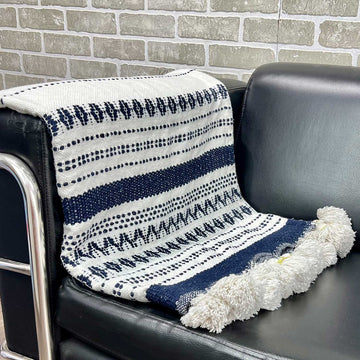 Navy Blue & White Cotton Throw with Tassels 60 inches x 40 inches