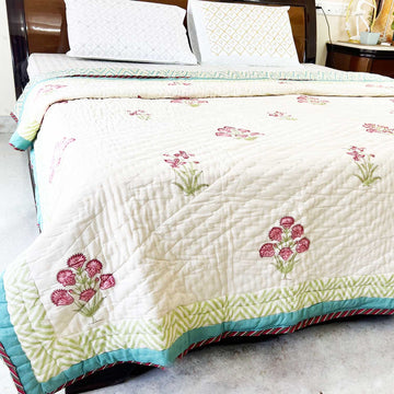 Elegant Floral Block Printed Double sided Cotton Quilt - 90 inches x 108 inches