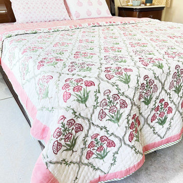 Pink Floral Block Printed Double sided Cotton Quilt - 90 inches x 108 inches