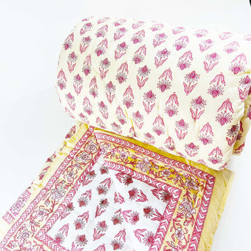 Yellow Floral Block Printed Double Sided Cotton Quilt - 60 inches x 90 inches