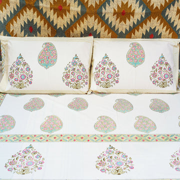 Valley of Flowers White Block Printed 210 Thread Count Cotton Double Bedsheet Set With 2 Pillow Covers - (90 inches x 100 inches)