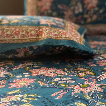 Jaal Blue Floral Block Printed 100 % Cotton Double Bedsheet Set With 2 Pillow Covers - 108 inches x 108 inches