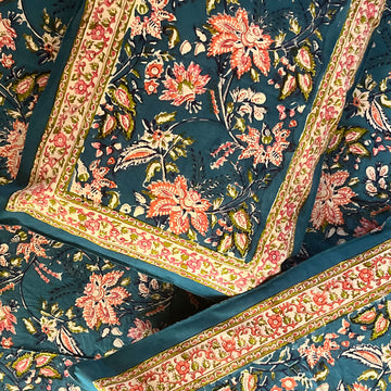 Jaal Blue Floral Block Printed 100 % Cotton Double Bedsheet Set With 2 Pillow Covers - 108 inches x 108 inches