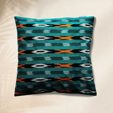 Sea Blue Patterned Pure Cotton Cushion Cover - 16 x 16 inches