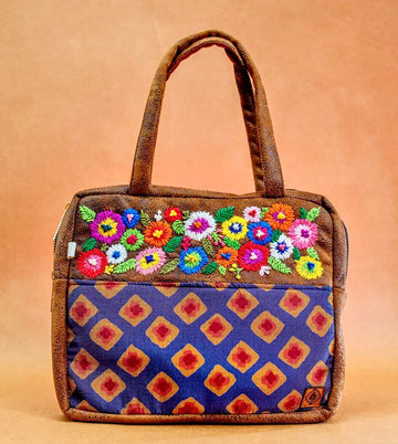 Fresh Dazzle Suede Leather Finish Floral Embroidery Handbag / Shoulder Bag - 8 x 10 x 11 inches | Peacoy