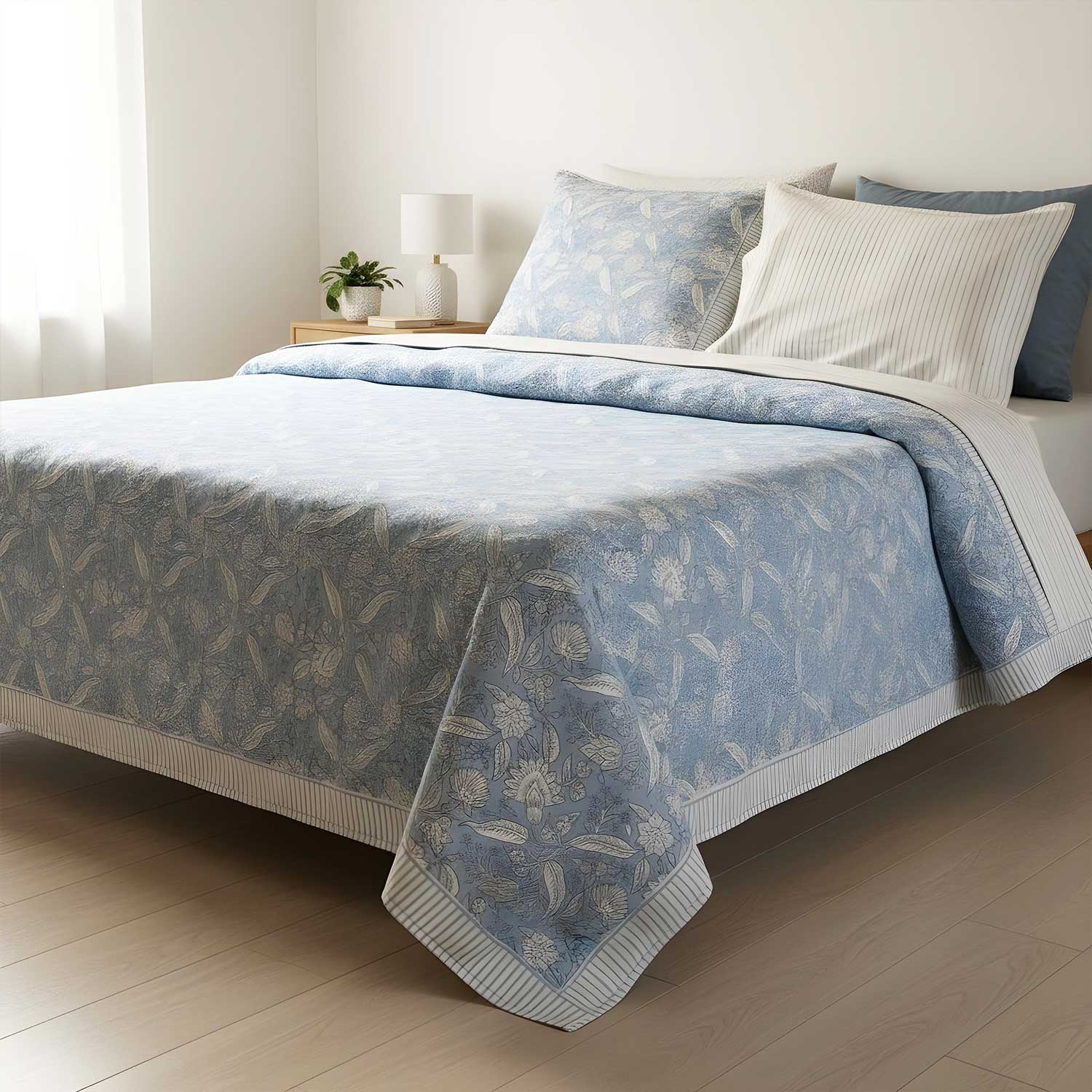 Blue Floral Freestyle Cotton Printed Bedsheet - 100 inches x 110 inches