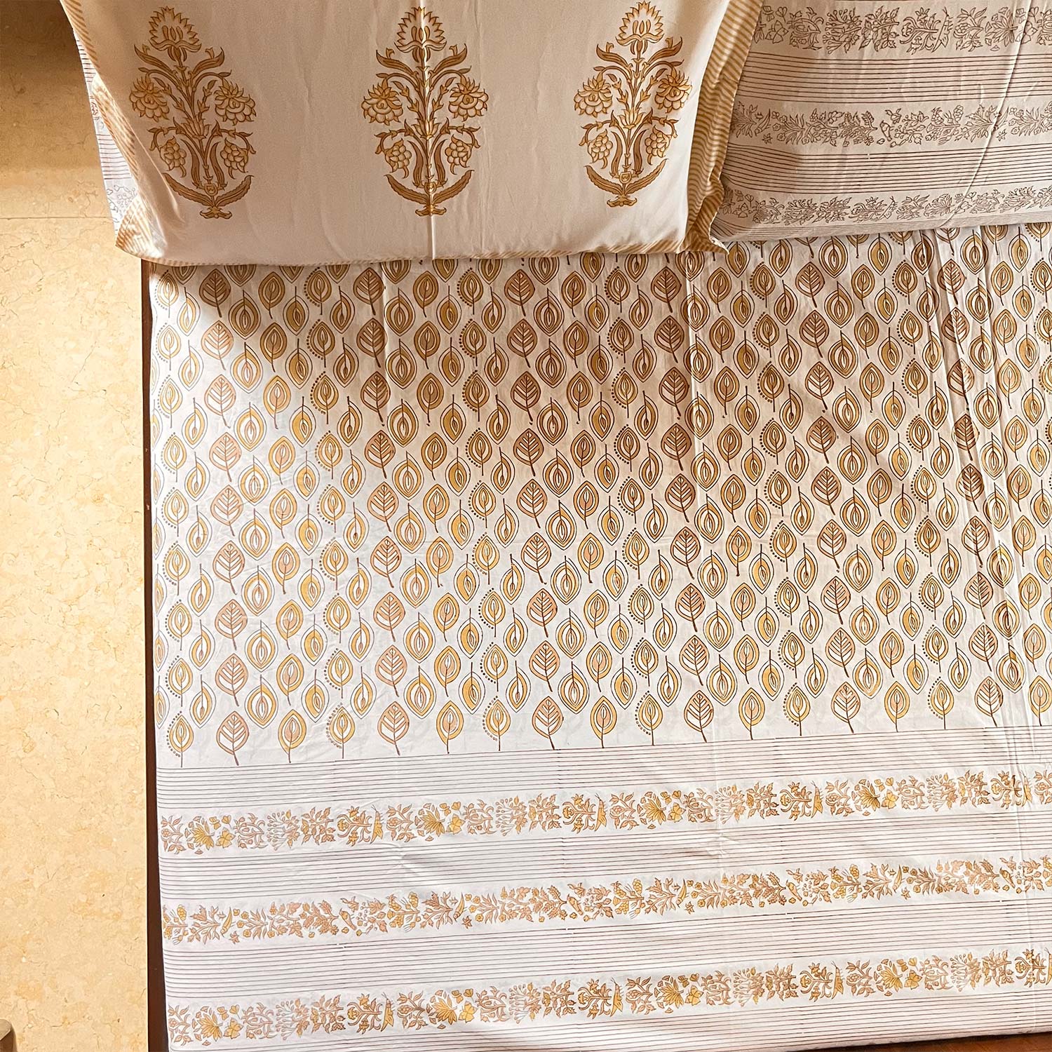 Yellow Floral Block Printed Cotton Double Bedsheet Set With 2 Pillow Covers - 108 inches x 108 inches