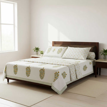 White & Orange Floral Cotton Printed Bedsheet - 100 inches x 110 inches