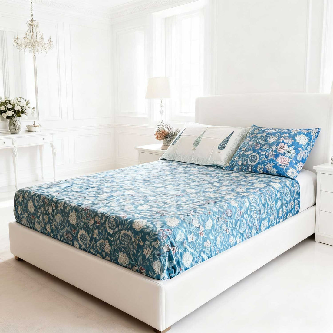 Blue Floral Motif Cotton Printed Bedsheet - 100 inches x 110 inches