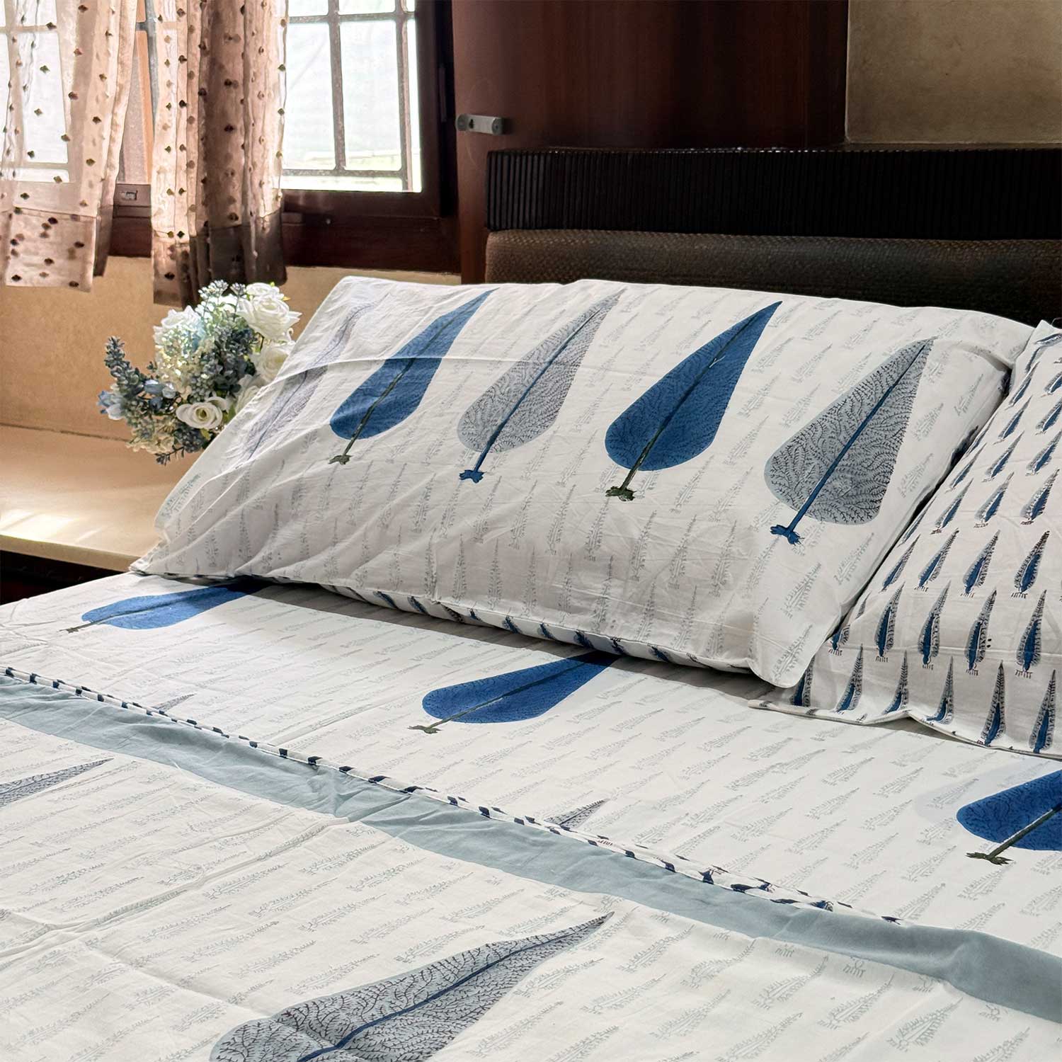 White Leaf Printed Cotton Bedsheet - 100 inches x 110 inches