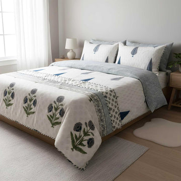 White & Blue Floral Printed Cotton Bedsheet - 100 inches x 110 inches