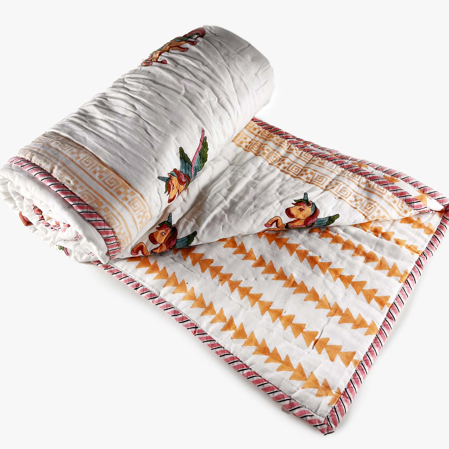 Horse Double Sided Block Printed Cotton Baby Quilt Single 40x60 Inches