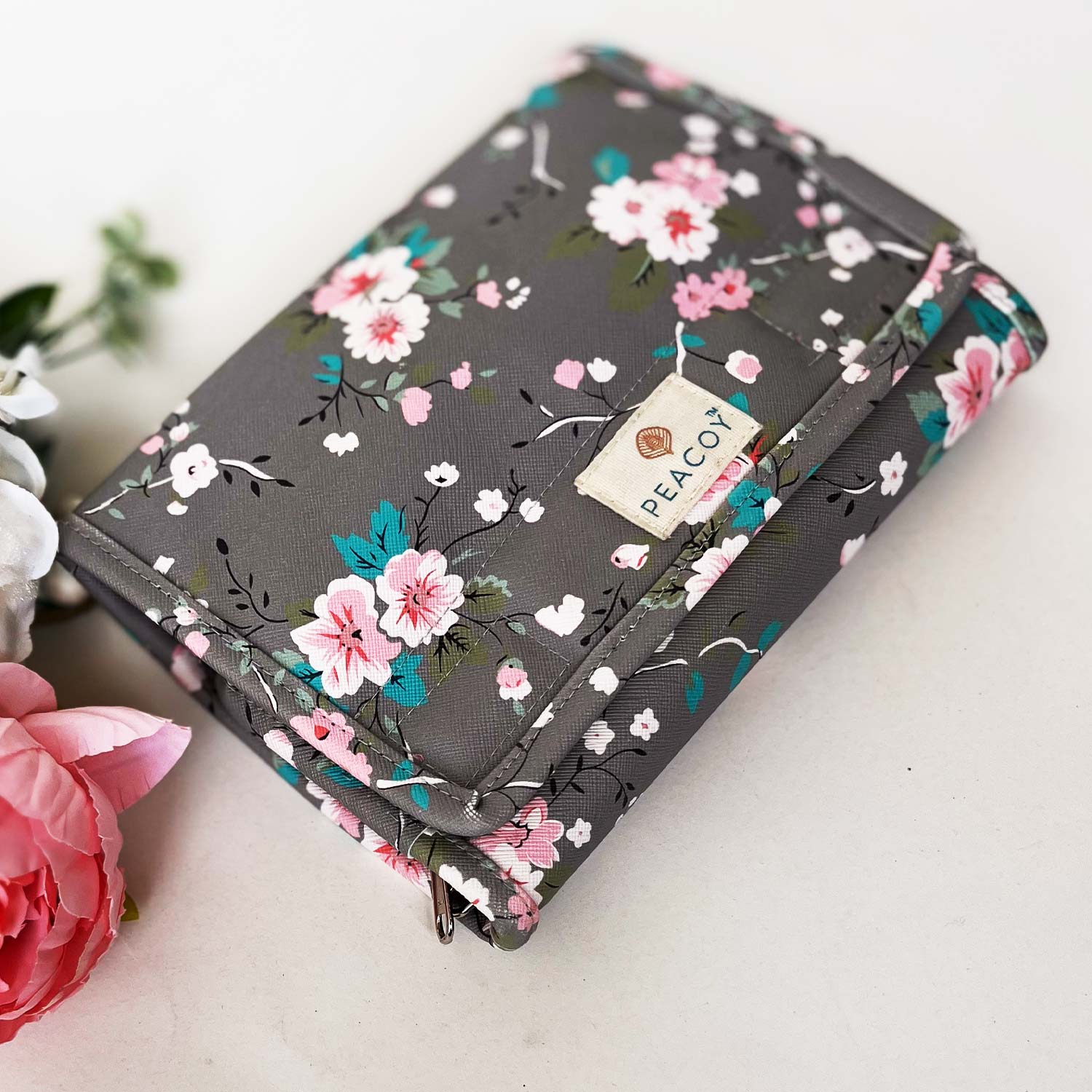 Travel Kits for Cosmetics and Essentials |  Toiletry Bag | Grey Brown Flower Design pouch