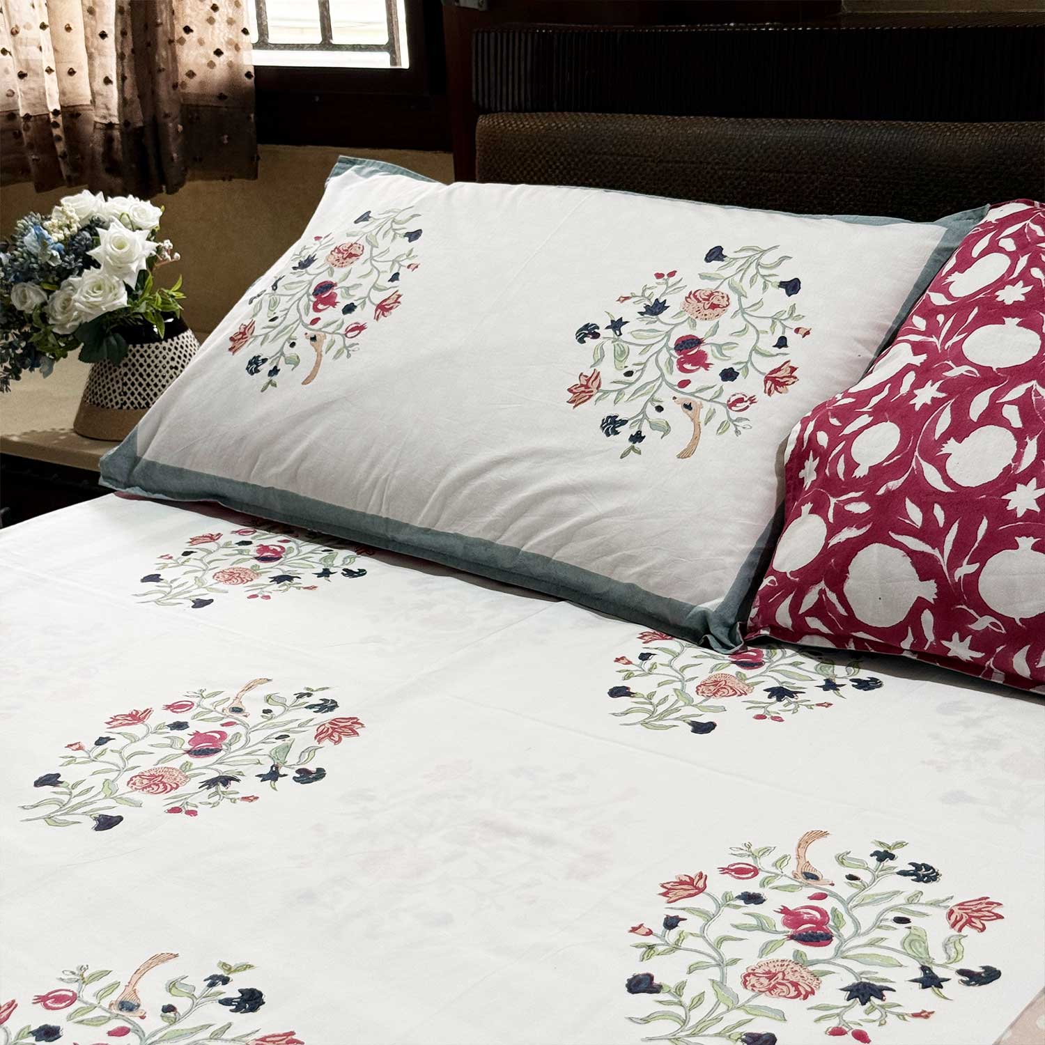 White & Dark Pink Floral Cotton Printed Bedsheet - 100 inches x 110 inches