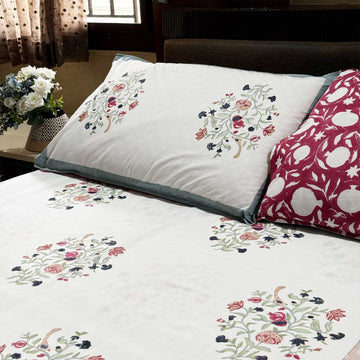 White & Dark Pink Floral Cotton Printed Bedsheet - 100 inches x 110 inches