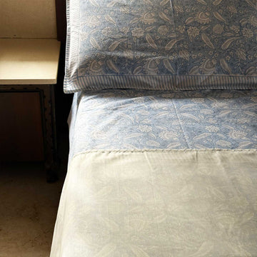 Blue & Peach Floral Freestyle Cotton Printed Bedsheet - 100 inches x 110 inches