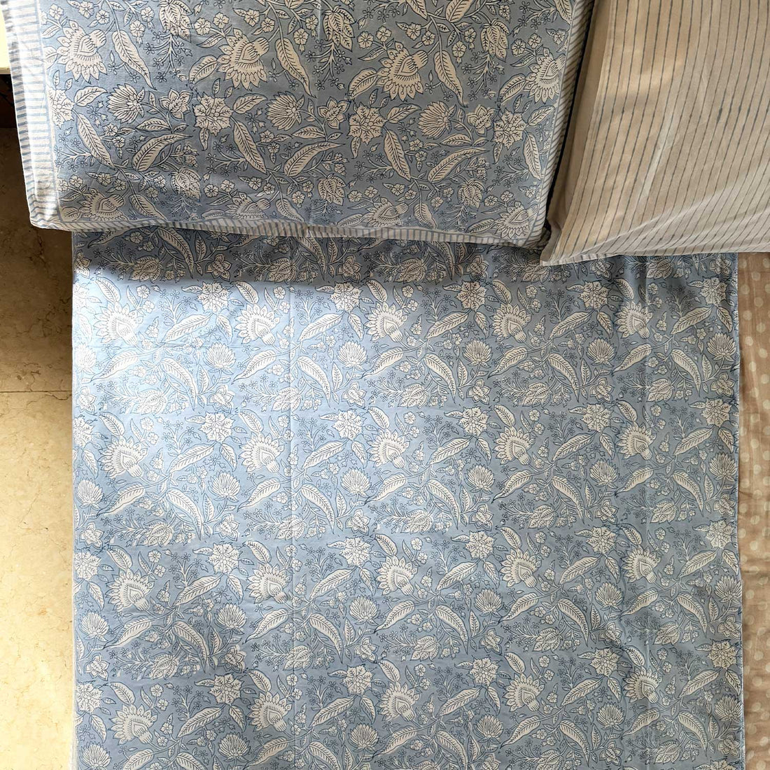Blue Floral Freestyle Cotton Printed Bedsheet - 100 inches x 110 inches