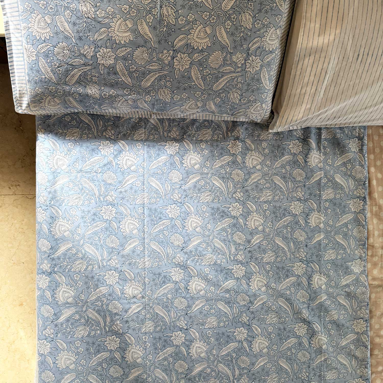 Blue Floral Freestyle Cotton Printed Bedsheet - 100 inches x 110 inches