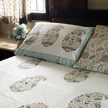 White & Green Freestyle Cotton Printed Bedsheet - 100 inches x 110 inches