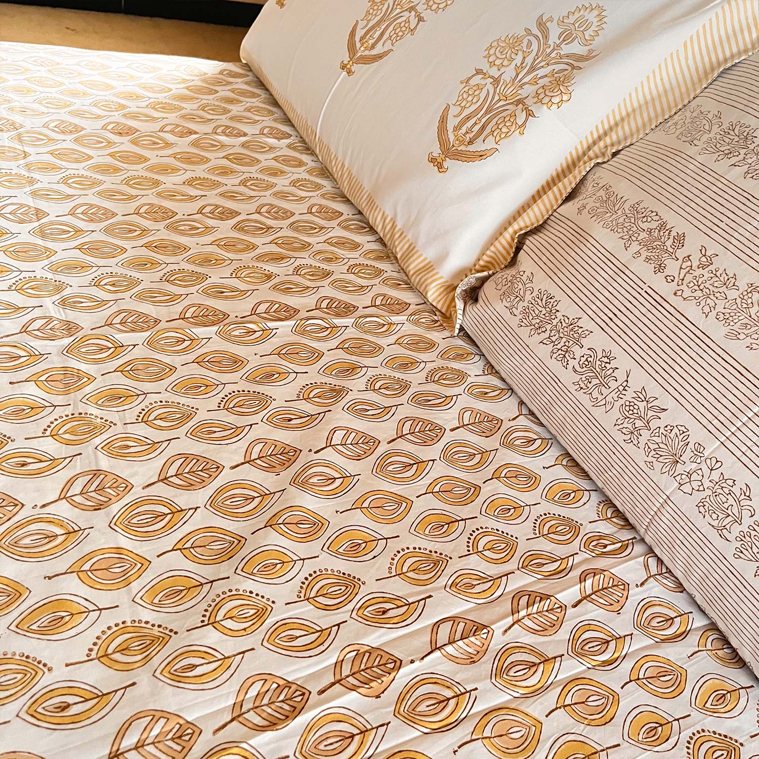 Yellow Floral Block Printed Cotton Double Bedsheet Set With 2 Pillow Covers - 108 inches x 108 inches