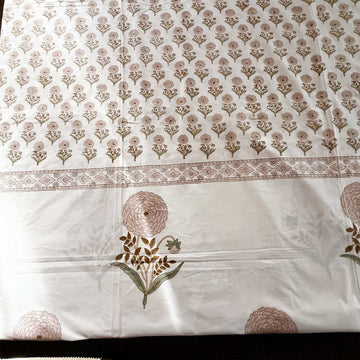 White & Peach Flower Cotton Printed Bedsheet - 100 inches x 110 inches
