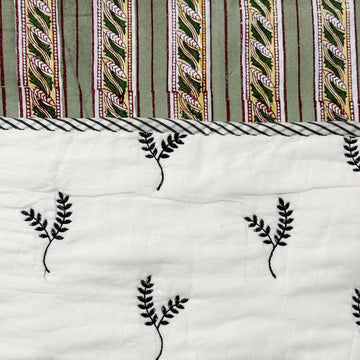 White & Green Leaf Cotton Printed Bedsheet - 100 inches x 110 inches
