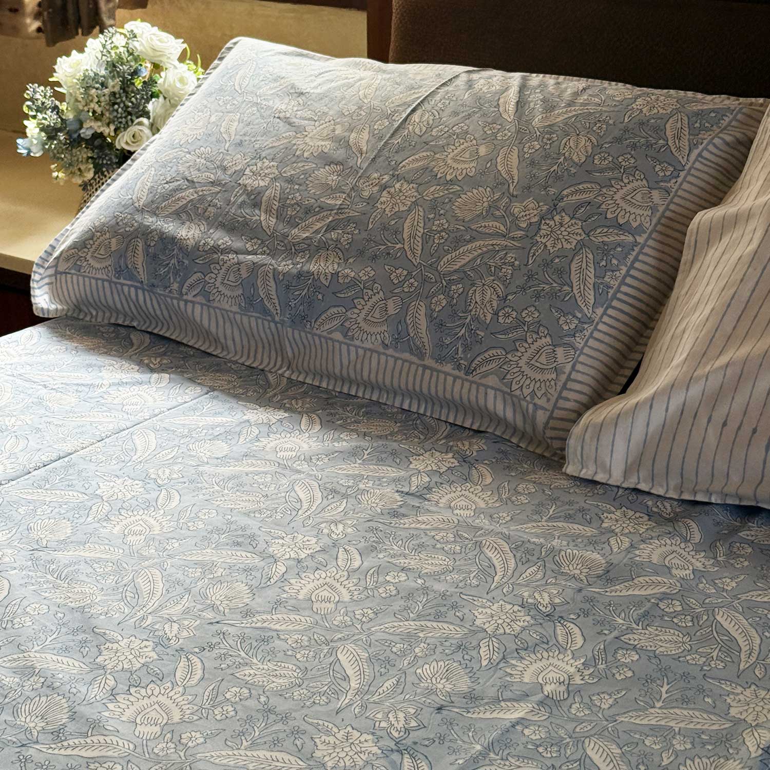 Blue Floral Freestyle Cotton Printed Bedsheet - 100 inches x 110 inches