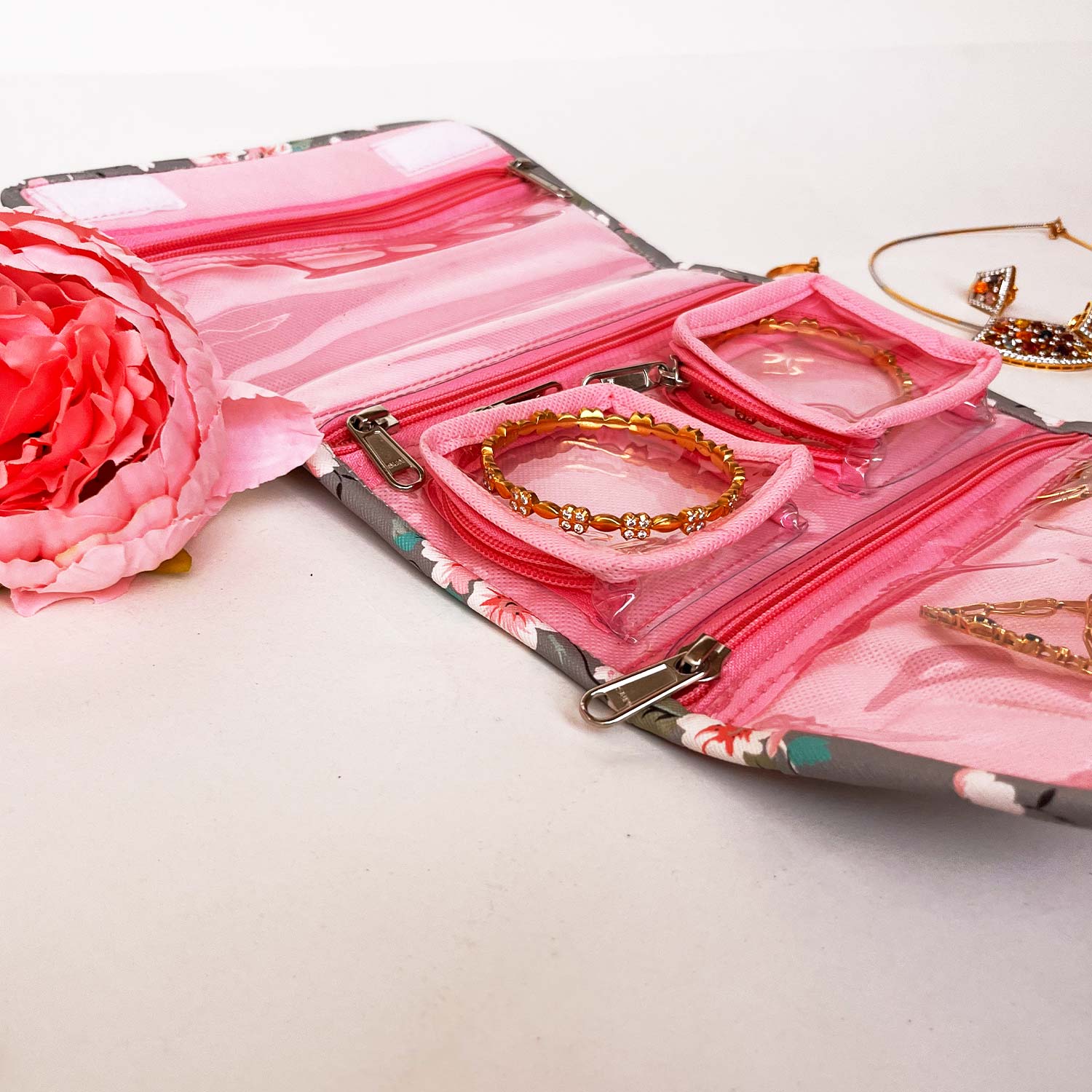 Travel Kits for Cosmetics and Essentials |  Toiletry Bag | Grey Brown Flower Design pouch