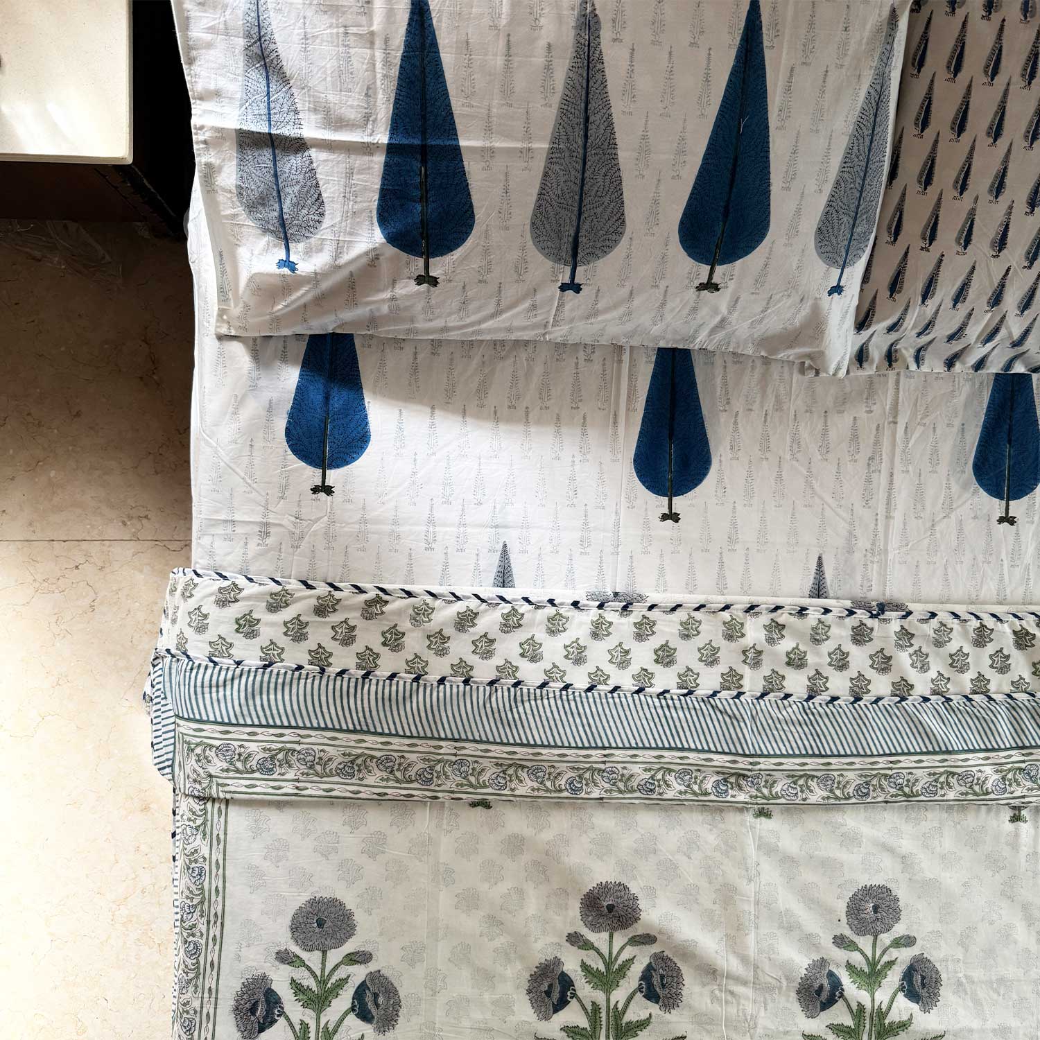 White & Blue Floral Printed Cotton Dohar - 100 inches x 110 inches